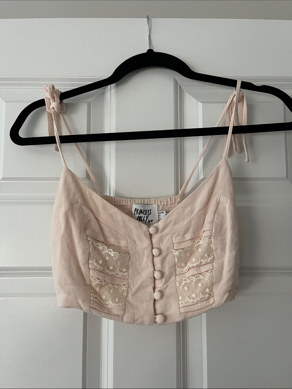Princess Polly Pale Pink Lace-Trim Tie-Strap Crop Camisole